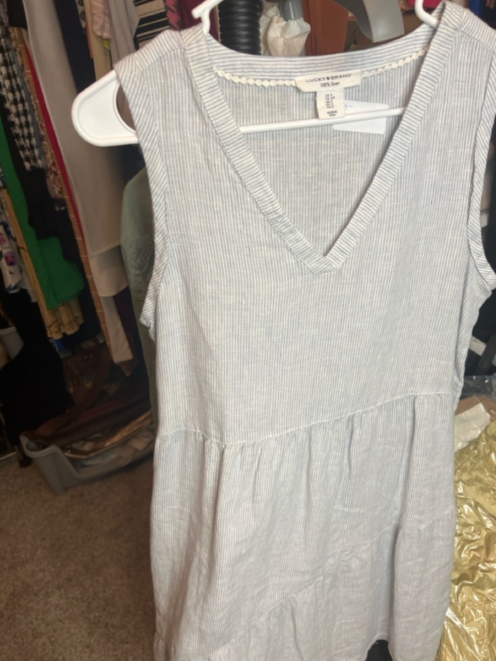 Lucky Brand Blue and White Striped Sleeveless Linen Dress 100% Linen